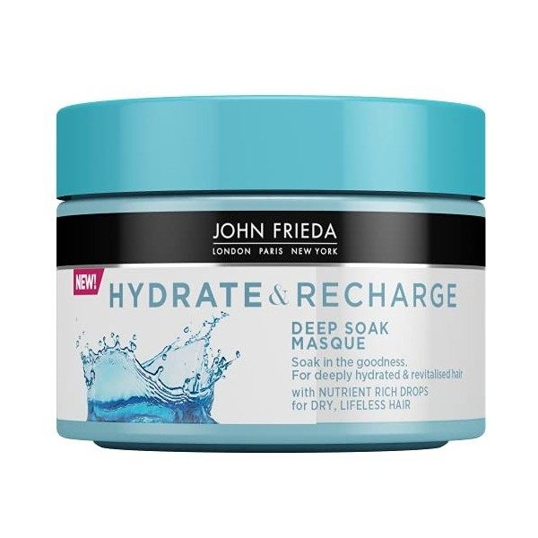 John Frieda Hydrate & Recharge Deep Soak Masque Après-shampooing à lHuile de Monoï/Kératine pour Cheveux Secs/sans Vie, 250 