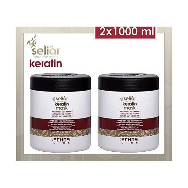 ECHOSLINE Seliar Keratin Lot de 2 masques post-traitement pour cheveux colorés et traités chimiquement 1000 ml 