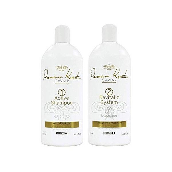 EM2H COSMETICS Unflavored PREMIUM KERATIN CAVIAR - Kit Lissage Brésilien - Aux extraits de caviar 2 x 500 ml 