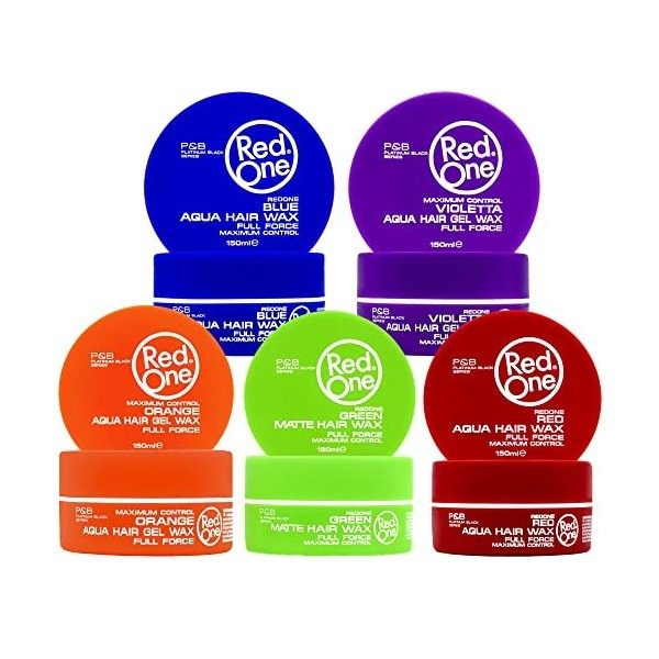 Redone Aqua & Matte Wax Series Lot de 5 cires coiffantes pour cheveux Bleu, Violetta, Orange, Vert mat, Rouge 150 ml | Contrô...