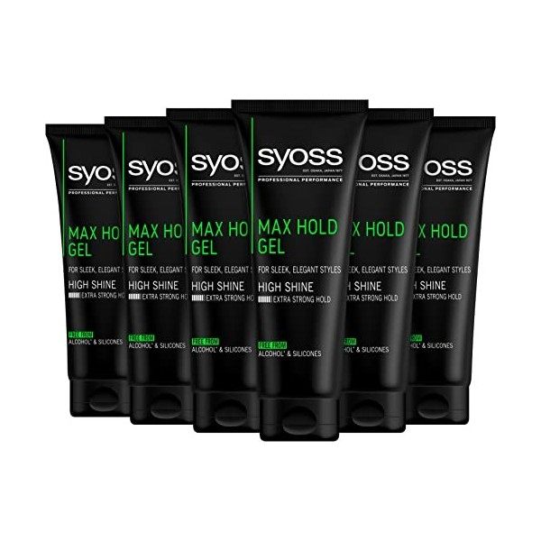 Syoss Gel Max Hold 6 x 250 ml , Herren Haargel mit 48 h extra starkem Halt & Glanz für gepflegte Styles, Haargel für Männer 