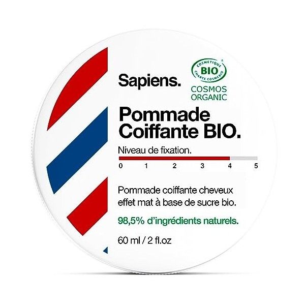 Sapiens Cire Cheveux Homme 60ml Bio - Fixation Medium à Forte 4/5 - Cire Coiffante Mat Homme Fabriquée en France à Base de Su