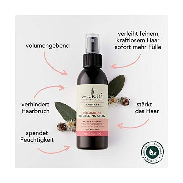 Sukin Spritz épaississant volumisant ajoute de lépaisseur et du volume aux cheveux fins, protéine de soja et de riz renforce