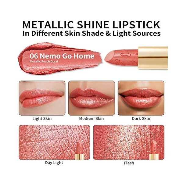 OULAC Métallique Briller Rouge à lèvres Corail, Glitter 3D Longue Durée Haut Pigmenté, Formule Hydratante, Brillant à Lèvres 