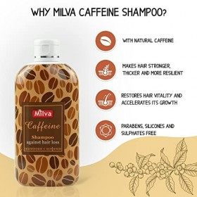 Shampooing Milva à la caféine pour femme, contre chute de cheveux - Stimule croissance - Shampooing épaississant pour homme -