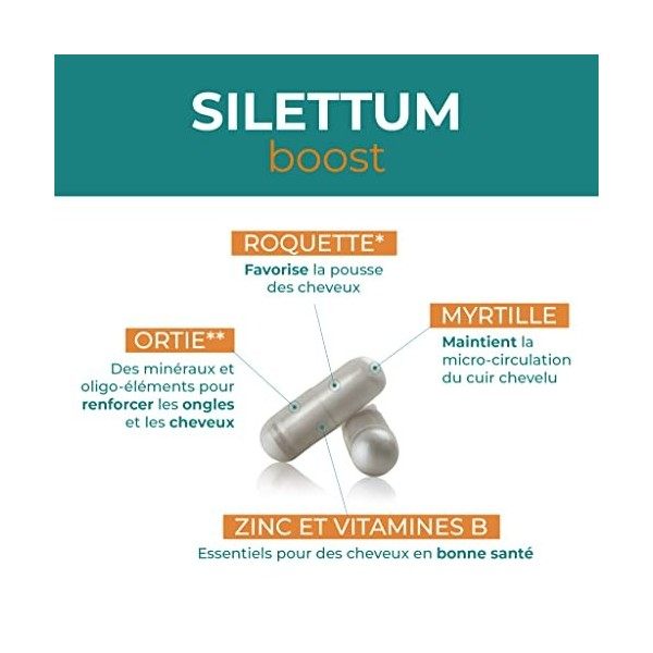 SILETTUM BOOST Lot de 3 Piluliers de 60 Gélules 180 Gélules | Croissance et résistance | Pour les cheveux fragilisés ou cas