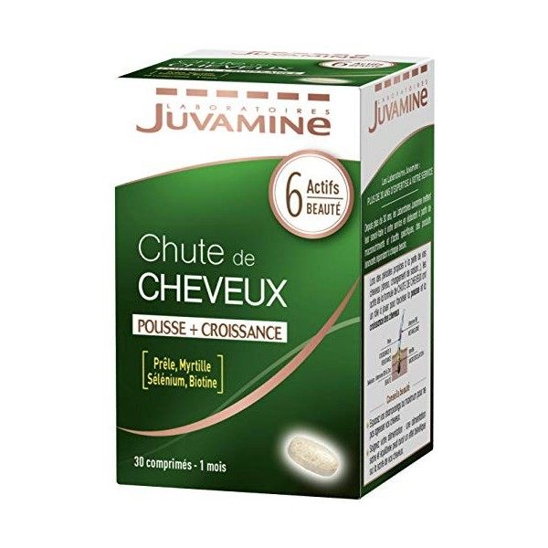 JUVAMINE - Chute de Cheveux : Pousse + Croissance - 6 Actifs Beauté donc Zinc et Biotine - Programme 1 mois - 30 Comprimés