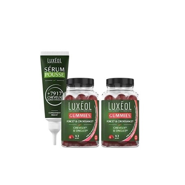 LUXÉOL - Pack Produits Cheveux - Complément Alimentaire Force & Croissance Cheveux & Ongles 60 Gummies + Sérum Pousse Cheveux