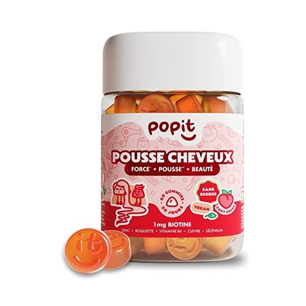 POP IT 60 Gummies Pousse Cheveux - Cure 1 Mois - Vegan, Sans Sucres, Goût Pêche - Vitamine Cheveux Biotine B8 1mg - Pousse Ch