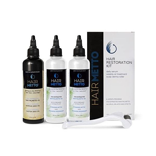 HAIRMETTO Hair Restoration KIT, Topical Saw Palmetto Oil and Serum for Scalp Treatment, restore hair loss, Dermaroller includ