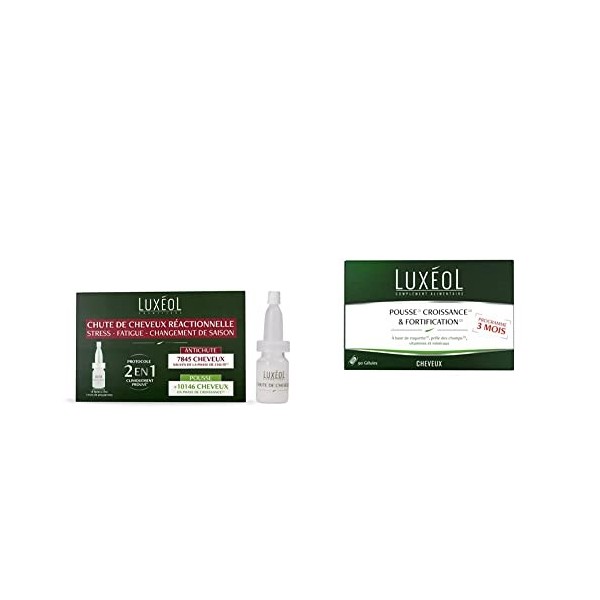 Luxéol – Chute de Cheveux Réactionnelle 2 en 1– Pousse & Antichute – 14 fioles de 7 ml & Pousse Croissance & Fortification 3 