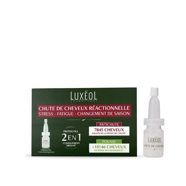 LUXÉOL - Chute De Cheveux Réactionnelle 2 En 1 - Favorise La Croissance & Diminue La Chute Des Cheveux - 14 Fioles De 7ml & C