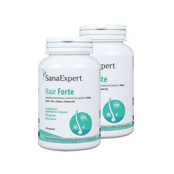 PACK 2| SanaExpert Haar Forte | VITAMINES POUR LA CROISSANCE ET LA SANTÉ DES CHEVEUX | Biotine,Zinc,Millet perlé et Sélénium 