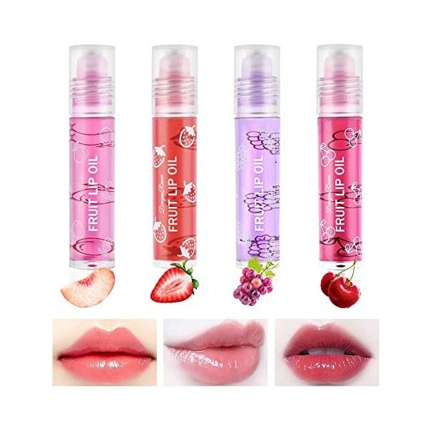 AOOWU Roll On Lip Gloss, 4PCS Huile À Lèvres Transparente Incolore, Baume À Lèvres, Roll-on Lip Gloss,Baume À Lèvres Pour Lèv