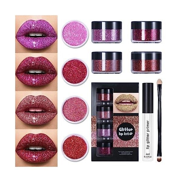 Kawaii Kisses Glitter Lip Kit, 4 Colors Glitter Lip Kit Gloss, Kisses Glitter Lip Blueberry Pie, Kawaii Glitter Lipstick with