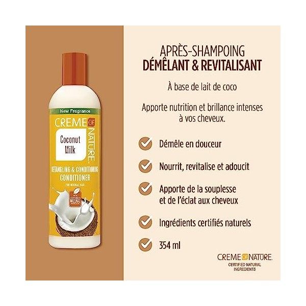 Creme Of Nature, Après-Shampoing au Lait de Coco, Démêlant et Revitalisant AdaptéàTous Types de Cheveux, Formule Infusée D’Hu