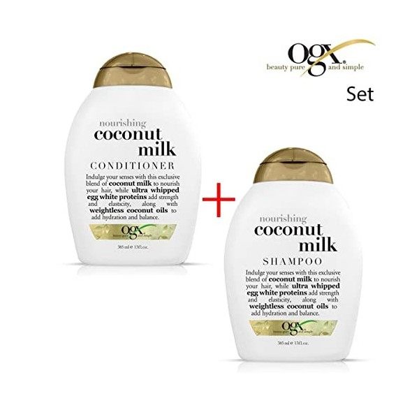 ogx® anciennement Organix Shampoing nourrissant au lait de coco 385 ml + après-shampoing et démêlant 385 ml – Luxueux soin 