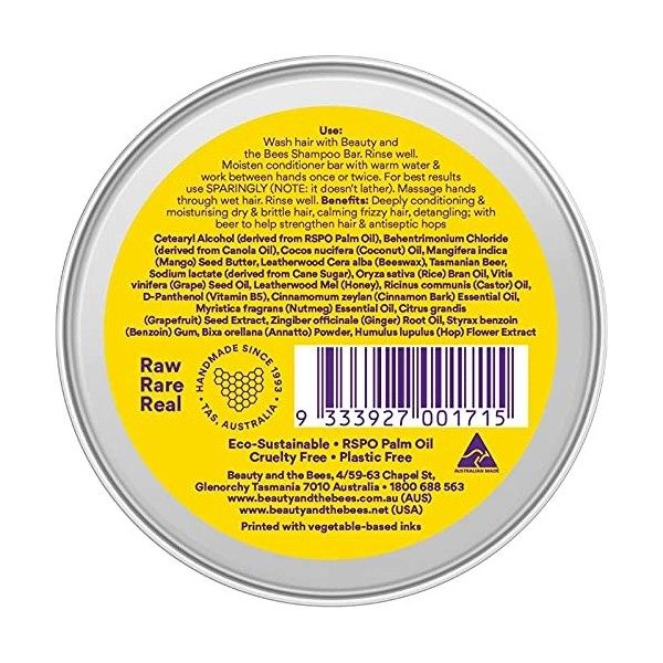 Real Beer Hair Conditioner Bar 40g from Tasmania Australia - 100% NaturalTT by Beauty and the Bees Tasmania