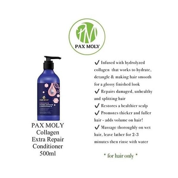 Pax Moly Après-shampoing Collagen Extra Repair 500 ml nourrit et reconstruit les cheveux de la racine à la pointe et les rend