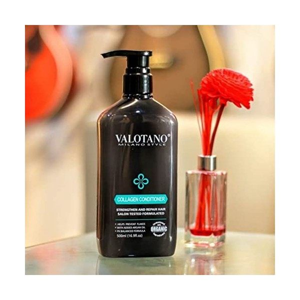 VALOTANO Après-shampoing au collagène 500 ml avec ajout dhuile dargan et de vitamine E pour cheveux abîmés et effet antipel