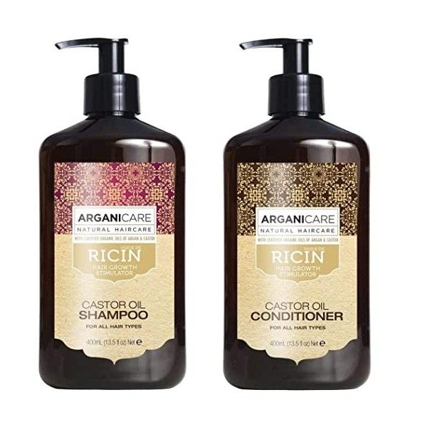 Duo Arganicare Shampooing accélérateur de croissance à l’huile de ricin Bio. 400ml + Après shampooing Reconstructeur à l’huil