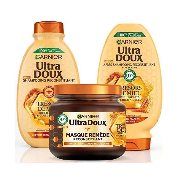 Garnier Ultra Doux Trésors de Miel - Routine Capillaire Reconstituante - Shampooing, Après-Shampooing & Masque - À la Cire d