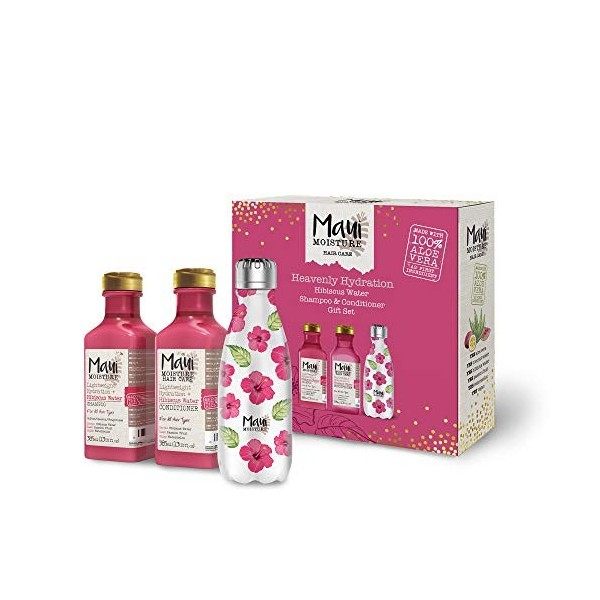 Maui Moisture Coffret cadeau, shampoing et après-shampoing végétaliens avec bouteille deau réutilisable, hibiscus et aloe ve