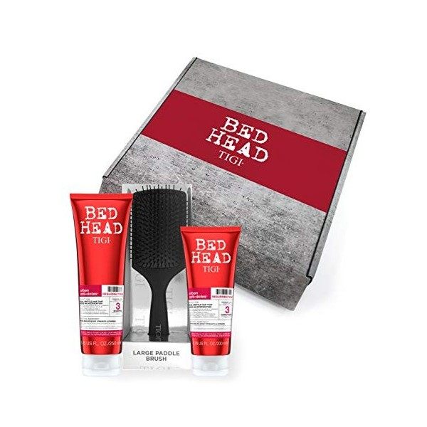 TIGI Bed Head Coffret cadeau – Shampoing et revitalisant pour cheveux abîmés, brosse à cheveux