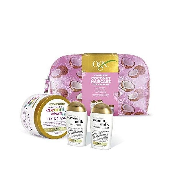 OGX Coffret cadeau soin capillaire noix de coco avec shampooing, après-shampoing, masque et trousse de beauté