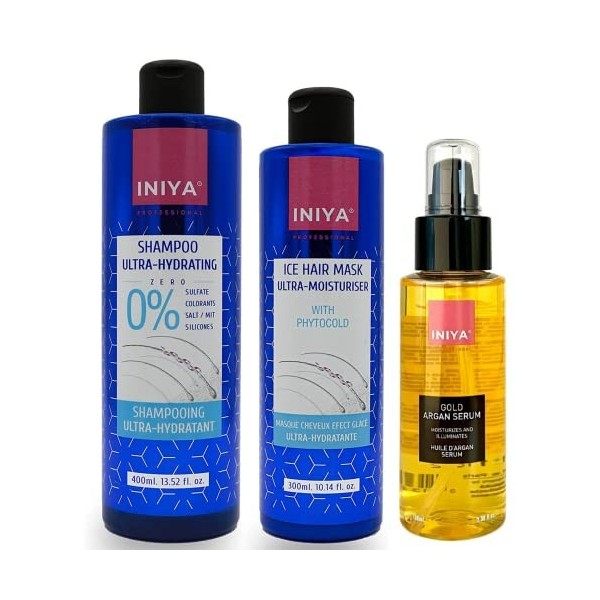 Shampooing & Masque Hydratant & Serum Sans Sulfate ni Silicone | Iniya Trio Kit Hydratation | Shampooing et Masque Lissage Br