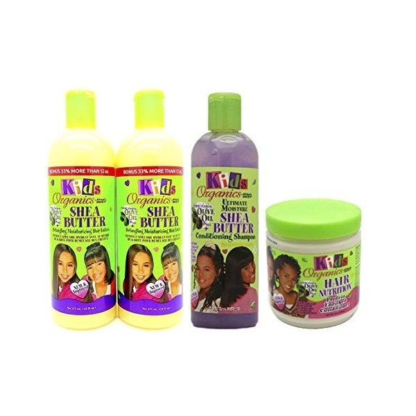 Africas Best Kids Organic - Lot de 4 soins capillaires - 2 lotions démêlantes hydratantes/1 shampoing soin Ultimate Moisture