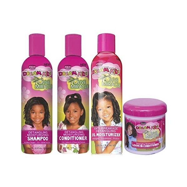 African Pride - Lot de 4 soins démêlants Olive Miracle Dream Kids - shampoing 355 ml/après-shampoing 355 ml/huile hydratante 