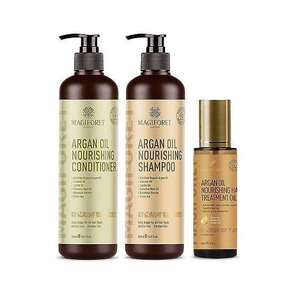 Kit soins quotidiens nourrissants huile d’argan MagiForet, shampooing 500ml + après-shampooing 500ml +sérum 100ml, sans sulfa