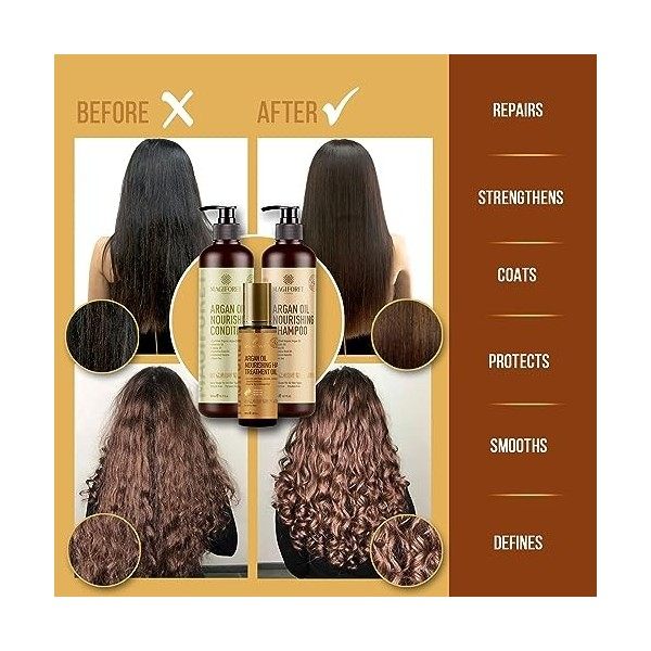 Kit soins quotidiens nourrissants huile d’argan MagiForet, shampooing 500ml + après-shampooing 500ml +sérum 100ml, sans sulfa