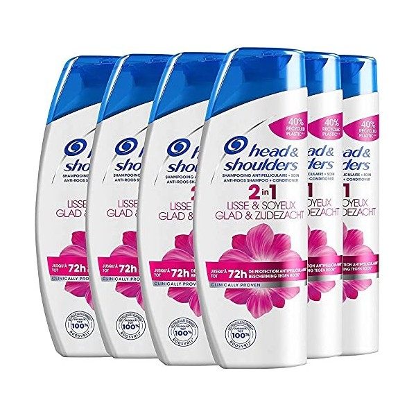 Head & Shoulders, Smooth & Silky 2 en 1 Shampoing et Après-shampoing Antipelliculaire, Formule 2en1, Lot de 6x270ml