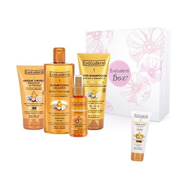 Evoluderm – Coffret Cadeau Femme - Soins Cheveux - Huiles Précieuses - 5 Produits - Box Flower - Idéal Cadeau de Noël – Anniv