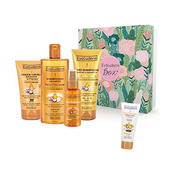 Evoluderm – Coffret Cadeau Femme - Soins Cheveux - Huiles Précieuses - 5 Produits - Box Flower - Idéal Cadeau de Noël – Anniv