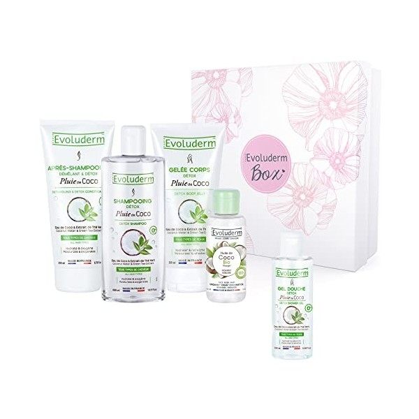 Evoluderm - Box Détox Pluie de Coco -Shampoing + Après-Shampoing Démêlant + Géle Corps + Huile de Coco Vierge Bio + Gel Douch