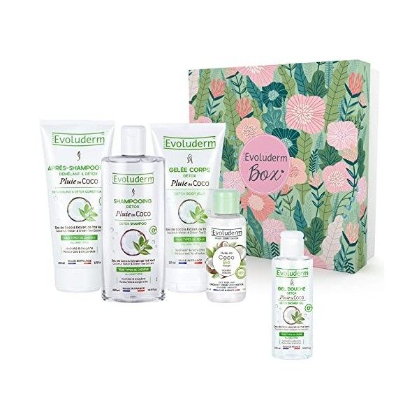 Evoluderm - Box Détox Pluie de Coco -Shampoing + Après-Shampoing Démêlant + Géle Corps + Huile de Coco Vierge Bio + Gel Douch