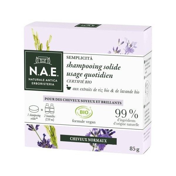 N.A.E. - Shampoing Solide Certifié Bio - Usage Quotidien Cheveux Normaux - Extraits de Riz Bio et de Lavande Bio - Formule Ve