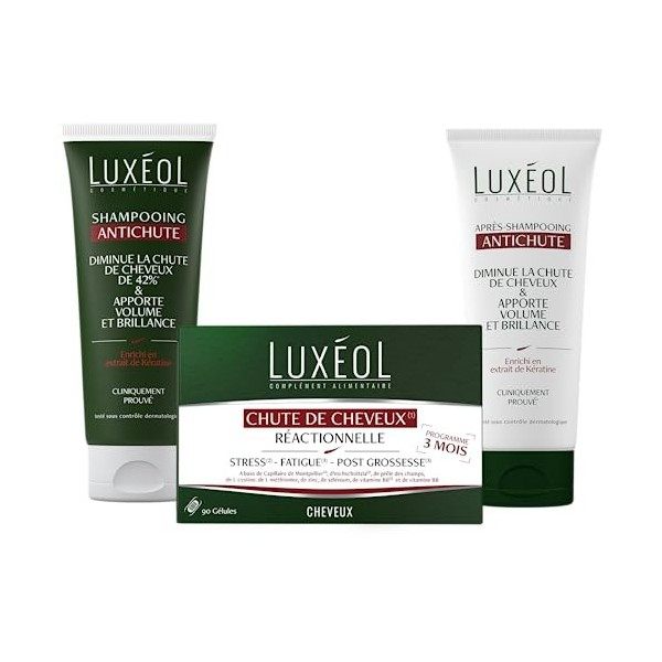 LUXÉOL - Pack 3 Produits Cheveux - Chute De Cheveux - Complément Alimentaire Chute De Cheveux Réactionnelle 90 Gélules 3 moi