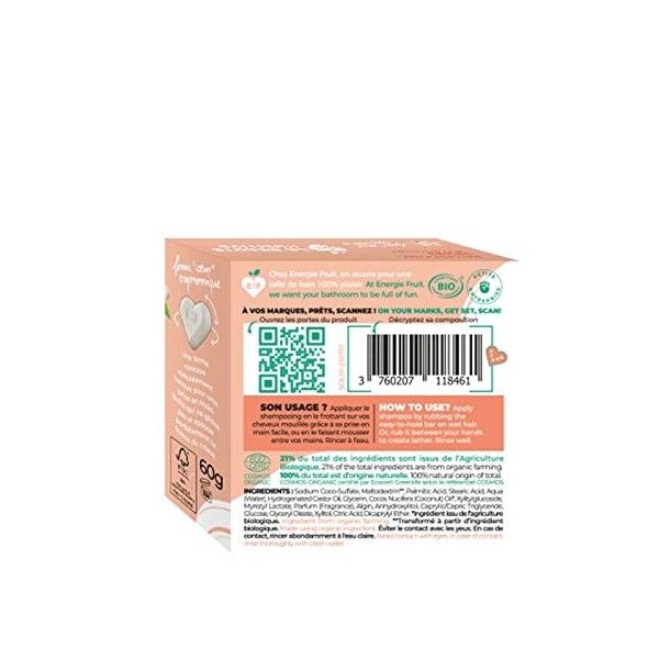 Energie Fruit Shampoing Solide Hydratant | Monoï | Cheveux Secs et Abimés| Certifié BIO par Ecocert | Vegan