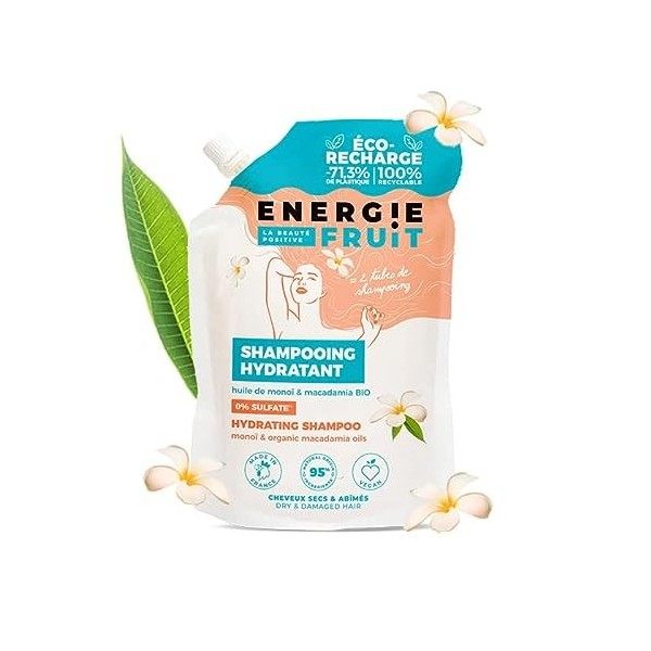 Energie Fruit, Eco Recharge Shampooing Sans Sulfate - Cheveux Abimés, Monoï & Huile De Macadamia Bio, Vegan, 500ml