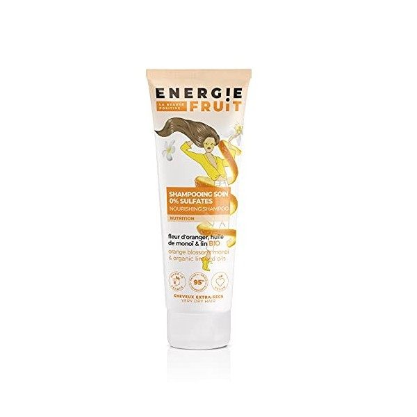 Energie Fruit Shampoing sans Sulfates pour Cheveux Très Secs/Abimés Monoï Oranger/Huile de Lin Bio, 250 ml, 1 Unité