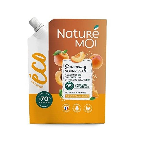Naturé moi - Éco-recharge Shampooing Nourrissant Soin Cheveux Secs et Abîmés Nourrit Répare Abricot Huile de Sésame Bio 95% d