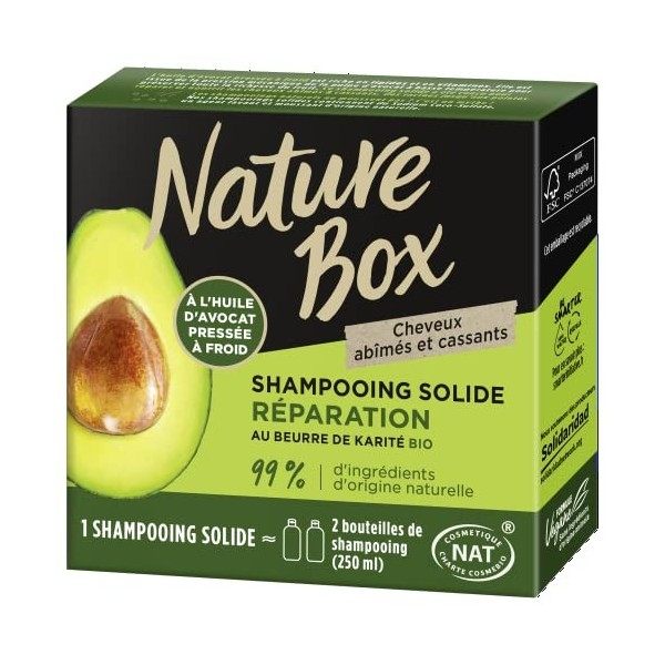 Nature Box - Shampoing Solide Réparation - A lHuile dAvocat Pressée à Froid - Au Beurre de Karité BIO - Cheveux abîmés et c