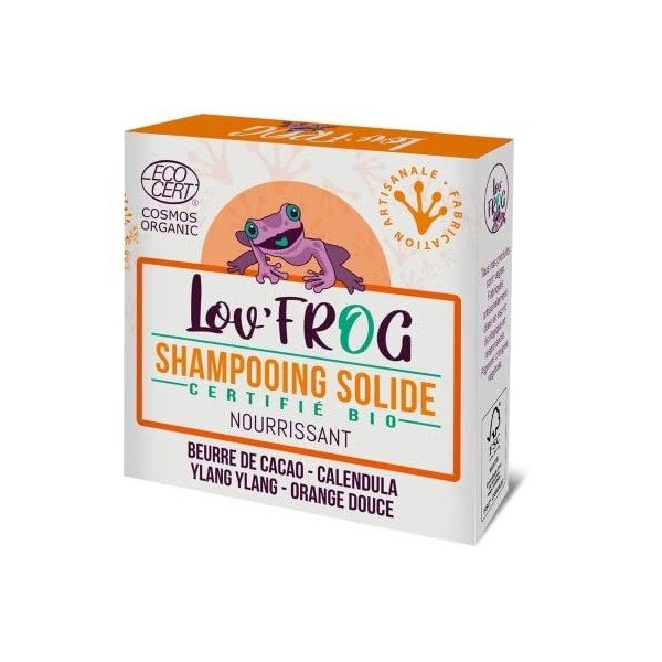 Lov’Frog Shampoing Solide certifié Bio | Nourrissant | Nourrit, répare et adoucit les cheveux | Vegan | Biodégradable | Zéro 