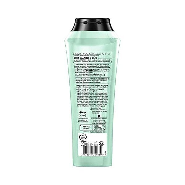 Schwarzkopf - Gliss - Shampoing Balance&Care - Cuir chevelu sec/cheveux fragilisés - 96% dingrédients dorigine naturelle - 