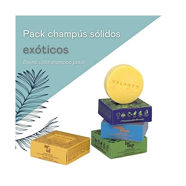 Valquer Pack Shampoings Solides Exotiques Myrtille et Avocat, Orange et Papaye, et Cannelle, Cannabis , Vegan, 93% dOrigine