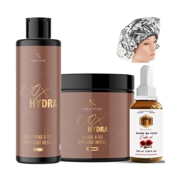 Soin Masque B-tox Capillaire Shampoing + Masque HYDRA 500ML Naila Store 1 Huile de Ricin 100 ML + 1 bonnet pour le soin Hydra